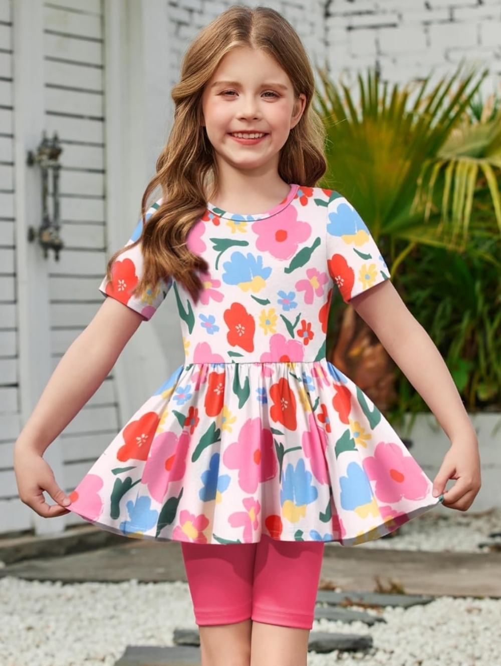 Girls 4-Piece Lot Of 2 Sets Of Peplum Tops with Shorts - Size 130